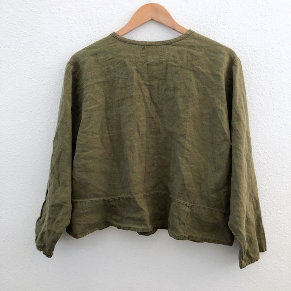 FLAX Green Olive Long Sleeve Linen Buttoned Blouse Size XL - Picture 2 of 9
